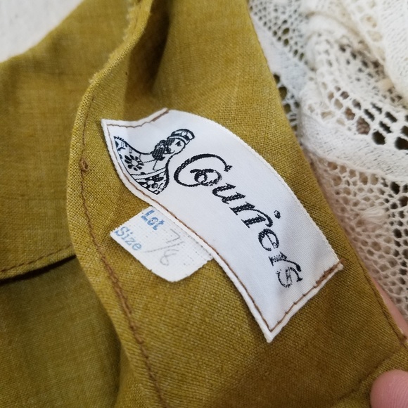 SOLD Vintage 60's Lace & Linen Green Prairie Dress - Picture 3 of 6